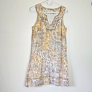 Ann Taylor LOFT | Taupe & Yellow Notch Neck Linen Shift Dress size 6 EUC 🎯